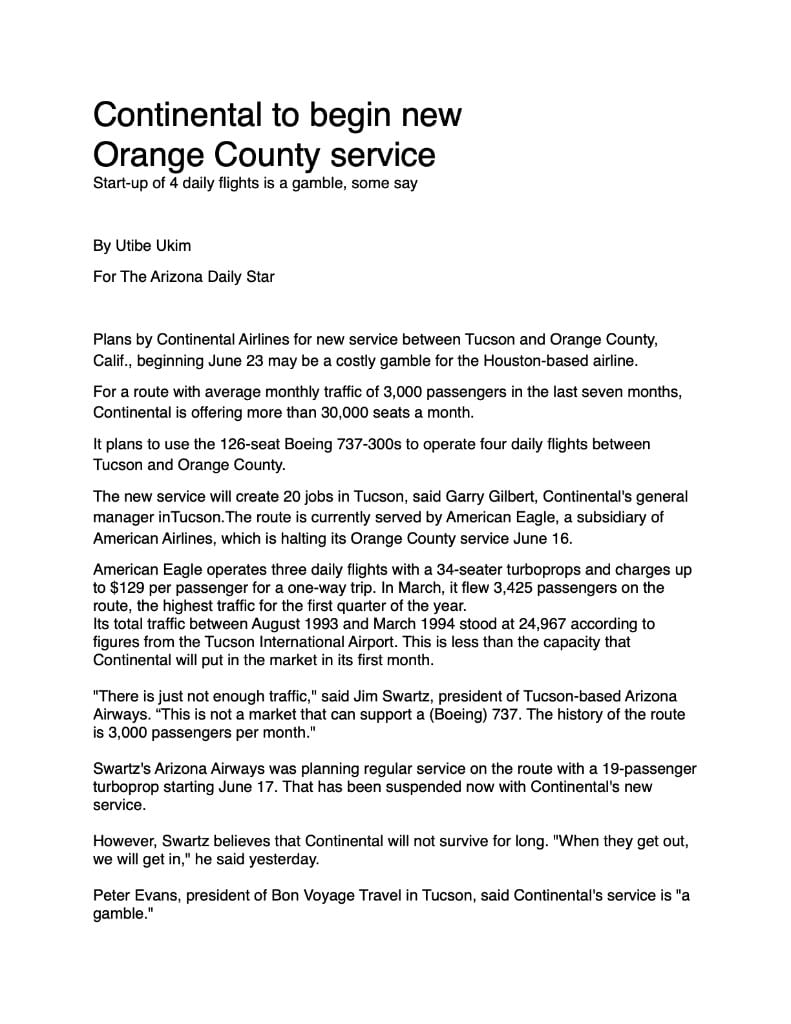 Typescript of the article Continental to begin new Orange County service, by Utibe Ukim, for Arizona Daily Star, 17 May 1994.
